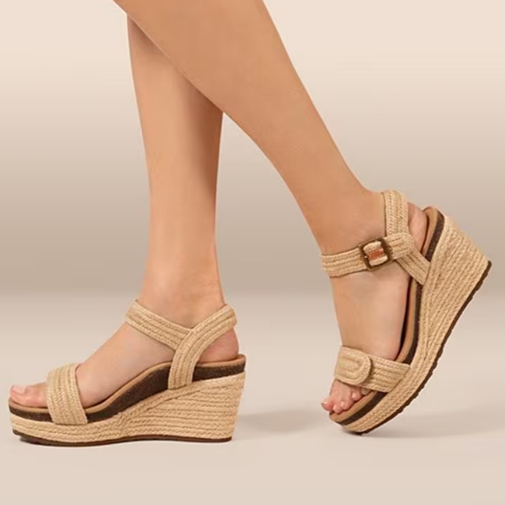 NWT AETREX Sydney Quarter Strap Espadrille Wedge Sandal In Natural Size EU35